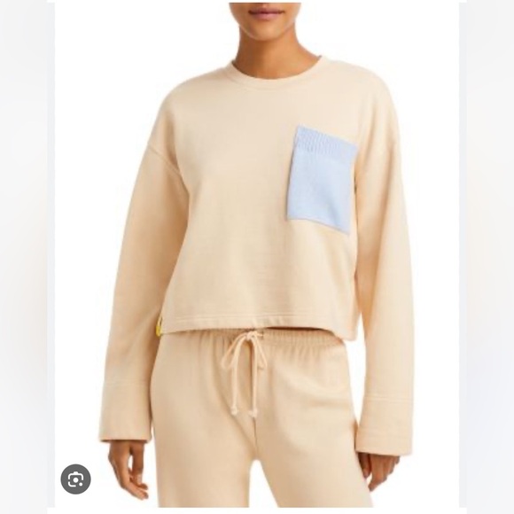 Kerri Rosenthal Micki Sweatshirt Cropped Patch Pocket Sweater Cream Blue Small - Picture 1 of 6